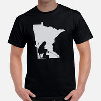 Ice Fishing & PFG T-Shirt - Gift for Fisherman - Performance Fishing Gear - Funny Fishing Tee - Ice Fishing Minnesota Map Themed Shirt - Black, Men