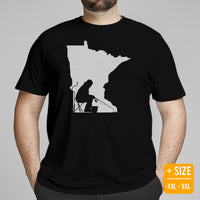 Ice Fishing & PFG T-Shirt - Gift for Fisherman - Performance Fishing Gear - Funny Fishing Tee - Ice Fishing Minnesota Map Themed Shirt - Black, Plus Size