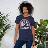Ideal Back to School Gift for School Librarians - Vibrant Rainbow Librarian Groovy Short Sleeve T-Shirt - Embrace Your Bookish Style - Navy
