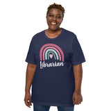 Ideal Back to School Gift for School Librarians - Vibrant Rainbow Librarian Groovy Short Sleeve T-Shirt - Embrace Your Bookish Style - Navy, Large Size for Overweight