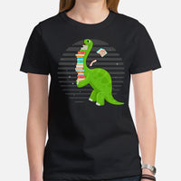 Ideal Book Lover Gift Cute Dinosaur Book Shirt - Fun and Quirky Short Sleeve Tee for Bookworms, Librarians, Avid Readers - Gift for Her - Black, Women