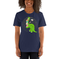 Ideal Book Lover Gift Cute Dinosaur Book Shirt - Fun and Quirky Short Sleeve Tee for Bookworms, Librarians, Avid Readers - Gift for Her - Navy