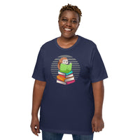 Bookish T-Shirt - Unique Presents, Gift Ideas for Book Lovers, Readers, Nature Lovers, Bookworms, Librarians - Cute Reading Hedgehog Shirt - Navy,  Large Size for Overweight