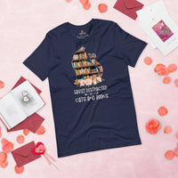 Ideal Book Lover Gift Easily Distracted By Cats and Books Shirt - Cute Cat Bookshelf Short Sleeve T-Shirt for Bookworms, Librarians  - Navy