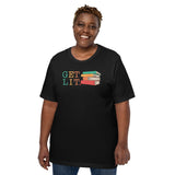 Bookish T-Shirt - Unique Presents, Gift Ideas for Book Lovers, Readers, Bookworms, Librarians - Booklovers Tee - Retro Let's Get Lit Shirt - Black, Large Size for Overweight