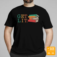 Bookish T-Shirt - Unique Presents, Gift Ideas for Book Lovers, Readers, Bookworms, Librarians - Booklovers Tee - Retro Let's Get Lit Shirt - Black, Large Size for Overweight, Men