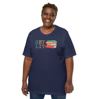 Bookish T-Shirt - Unique Presents, Gift Ideas for Book Lovers, Readers, Bookworms, Librarians - Booklovers Tee - Retro Let's Get Lit Shirt - Navy, Large Size for Overweight