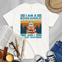 Bookish T-Shirt - Catshirt - Cool Presents, Gift Ideas for Book & Cat Lovers, Readers, Bookworms - I Am A Bookaholic And Regret Nothing Tee - White