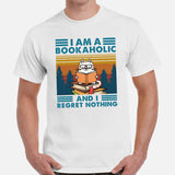 Bookish T-Shirt - Catshirt - Cool Presents, Gift Ideas for Book & Cat Lovers, Readers, Bookworms - I Am A Bookaholic And Regret Nothing Tee - White, Men