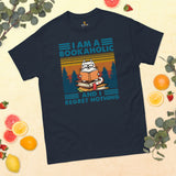 Bookish T-Shirt - Catshirt - Cool Presents, Gift Ideas for Book & Cat Lovers, Readers, Bookworms - I Am A Bookaholic And Regret Nothing Tee - Navy