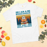 Bookish T-Shirt - Catshirt - Cool Presents, Gift Ideas for Book & Cat Lovers, Readers, Bookworms - I Am A Bookaholic And Regret Nothing Tee - White