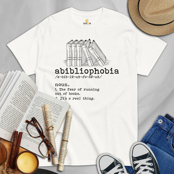 Ideal Book Lovers Gift Abibliophobia Definition Shirt for Bookish, Bookworm, Avid Reader, Reading Shirt, Gift for Passionate Librarians - White