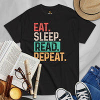 Bookish T-Shirt - Cool Presents, Gift Ideas for Book Lovers, Readers, Bookworms, Librarians - Booklovers Tee - Eat Sleep Read Repeat Shirt - Black