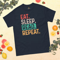 Bookish T-Shirt - Cool Presents, Gift Ideas for Book Lovers, Readers, Bookworms, Librarians - Booklovers Tee - Eat Sleep Read Repeat Shirt - Navy