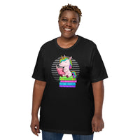 Ideal Gift for Book Lovers, Book Nerds - Cute Unicorn Reading Book Bookish Shirt - Magical & Whimsical Tee for Bookworms, Avid Readers - Black, Large Size for Overweight