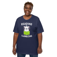 Bookish T-Shirt - Unique Presents, Gift Ideas for Book Lovers, Readers, Bookworms, Librarians - Booklovers Tee - Reading Is Llamazing Shirt - Navy, Large Size for Overweight
