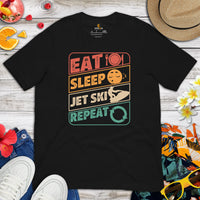 Jet Ski Surfing Shirt & Gear - Beach Vacation Outfit, Attire - Gift Ideas for Surfer, Outdoorsman - Retro Eat Sleep Jet Ski Repeat Tee - Black