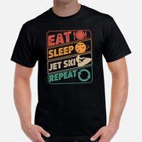 Jet Ski Surfing Shirt & Gear - Beach Vacation Outfit, Attire - Gift Ideas for Surfer, Outdoorsman - Retro Eat Sleep Jet Ski Repeat Tee - Black, Men