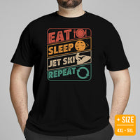 Jet Ski Surfing Shirt & Gear - Beach Vacation Outfit, Attire - Gift Ideas for Surfer, Outdoorsman - Retro Eat Sleep Jet Ski Repeat Tee - Black, Plus Size