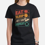 Jet Ski Surfing Shirt & Gear - Beach Vacation Outfit, Attire - Gift Ideas for Surfer, Outdoorsman - Retro Eat Sleep Jet Ski Repeat Tee - Black, Women