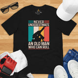 Jiu Jitsu T-Shirt - BJJ, MMA Attire, Wear, Clothes - Gifts for Fighters, Wrestlers - Never Underestimate An Old Man Who Can Roll Tee - Black