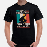 Jiu Jitsu T-Shirt - BJJ, MMA Attire, Wear, Clothes - Gifts for Fighters, Wrestlers - Never Underestimate An Old Man Who Can Roll Tee - Black, Men