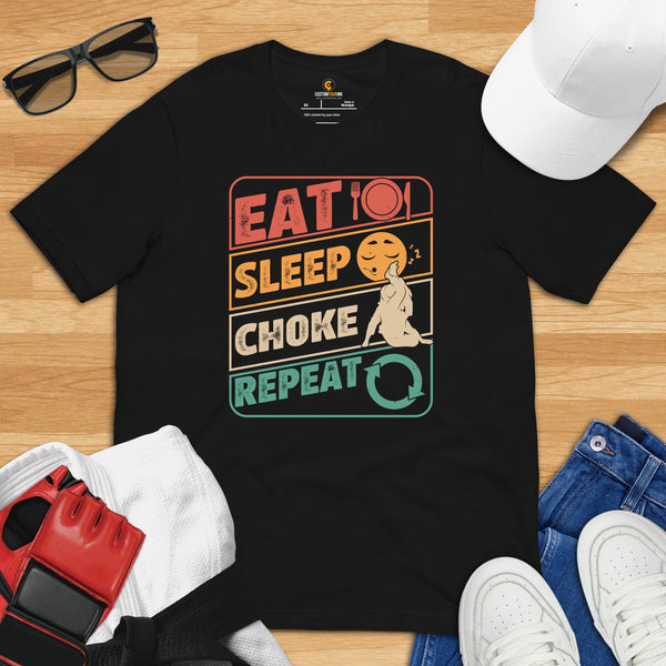 Jiu Jitsu T-Shirt - BJJ, MMA Attire, Wear, Clothes, Outfit - Gifts for Fighters, Kung Fu Lovers - 80s Retro Eat Sleep Choke Repeat Tee - Black