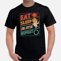 Jiu Jitsu T-Shirt - BJJ, MMA Attire, Wear, Clothes, Outfit - Gifts for Fighters, Wrestlers - 80s Retro Eat Sleep Jiu Jitsu Repeat Tee - Black, Men