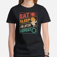 Jiu Jitsu T-Shirt - BJJ, MMA Attire, Wear, Clothes, Outfit - Gifts for Fighters, Wrestlers - 80s Retro Eat Sleep Jiu Jitsu Repeat Tee - Black, Women