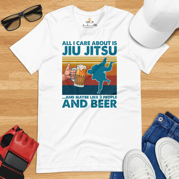 Jiu Jitsu T-Shirt - BJJ, MMA Attire, Wear, Clothes, Outfit - Gifts for Fighters, Wrestlers - All I Care About Is Jiu Jitsu And Beer Tee - White