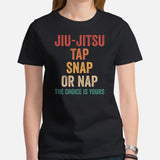 Jiu Jitsu T-Shirt - BJJ, MMA Attire, Wear, Clothes, Outfit - Gifts for Fighters, Wrestlers - Funny Jiu Jitsu Tap Snap Or Nap Tee - Black, Women