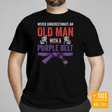 Jiu Jitsu T-Shirt - MMA Attire, Wear, Clothes - Gifts for Fighters, Wrestlers - Never Underestimate An Old Man With A Purple Belt Tee - Black, Plus Size