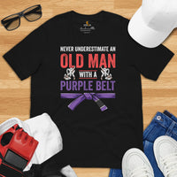 Jiu Jitsu T-Shirt - MMA Attire, Wear, Clothes - Gifts for Fighters, Wrestlers - Never Underestimate An Old Man With A Purple Belt Tee - Black