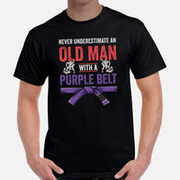 Jiu Jitsu T-Shirt - MMA Attire, Wear, Clothes - Gifts for Fighters, Wrestlers - Never Underestimate An Old Man With A Purple Belt Tee - Black, Men