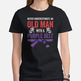 Jiu Jitsu T-Shirt - MMA Attire, Wear, Clothes - Gifts for Fighters, Wrestlers - Never Underestimate An Old Man With A Purple Belt Tee - Black, Women