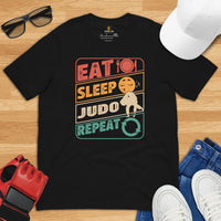 Judo T-Shirt - Mixed Martial Arts Attire, Wear, Clothes, Outfit - Gifts for Fighters, Wrestlers - 80s Retro Eat Sleep Judo Repeat Tee - Black