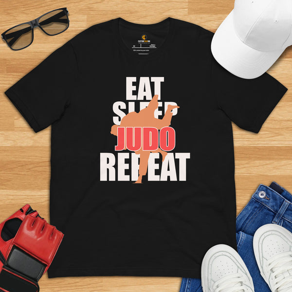 Judo T-Shirt - Mixed Martial Arts Attire, Wear, Clothes, Outfit - Gifts for Fighters, Wrestlers - Funny Eat Sleep Judo Repeat Tee - Black