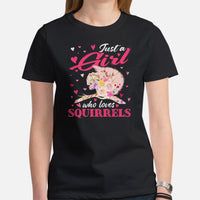 Just A Girl Who Loves Squirrels Floral T-Shirt - Chipmunk, Gerbil, Nutcracker Tee - Gift for Squirrel Mom, Whisperer, Lovers & Feeders - Black