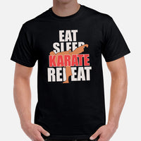 Karate Clothes - Mixed Martial Arts Shirt, Attire, Wear, Outfit - Gifts for Fighters, Wrestlers - Funny Eat Sleep Karate Repeat Tee - Black, Men