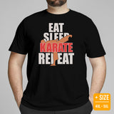 Karate Clothes - Mixed Martial Arts Shirt, Attire, Wear, Outfit - Gifts for Fighters, Wrestlers - Funny Eat Sleep Karate Repeat Tee - Black, Plus Size