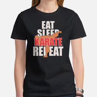 Karate Clothes - Mixed Martial Arts Shirt, Attire, Wear, Outfit - Gifts for Fighters, Wrestlers - Funny Eat Sleep Karate Repeat Tee - Black, Women