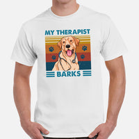 Labrador Dog Themed Clothes & Attire - Funny Canine Tee Shirts For Humans - Gifts for Dog Lovers & Owners - My Therapist Barks T-Shirt - White, Men