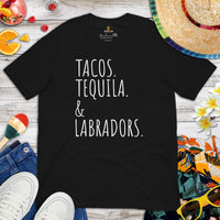 Labrador Dog Themed Clothes - Funny Canine Tee Shirts For Humans - Gifts for Coffee & Dog Lovers - Tacos, Tequila And Labradors T-Shirt - Black