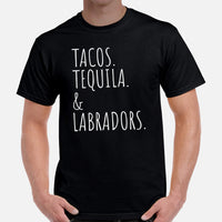 Labrador Dog Themed Clothes - Funny Canine Tee Shirts For Humans - Gifts for Coffee & Dog Lovers - Tacos, Tequila And Labradors T-Shirt - Black, Men