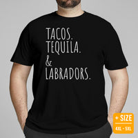 Labrador Dog Themed Clothes - Funny Canine Tee Shirts For Humans - Gifts for Coffee & Dog Lovers - Tacos, Tequila And Labradors T-Shirt - Black, Plus Size