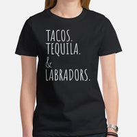 Labrador Dog Themed Clothes - Funny Canine Tee Shirts For Humans - Gifts for Coffee & Dog Lovers - Tacos, Tequila And Labradors T-Shirt - Black, Women