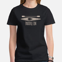 Lake Boating Wear, Apparel - Vacation Outfit, Clothes - Gift for Kayaker, Outdoorsman, Nature Lovers - Retro Paddle On Kayaking Tee - Black, Women