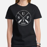 Lake Boating Wear, Apparel - Vacation Outfit, Clothes - Gift Ideas for Kayaker, Outdoorsman, Nature Lovers - Retro SUP Emblem T-Shirt - Black, Women