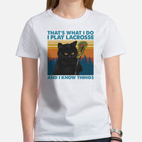 Lax T-Shirt & Clothting - Lacrosse Gifts for Coach & Players, Cat Lovers - Ideas for Men & Women - Funny I Play Lax & I Know Things Tee - White, Women
