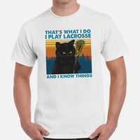 Lax T-Shirt & Clothting - Lacrosse Gifts for Coach & Players, Cat Lovers - Ideas for Men & Women - Funny I Play Lax & I Know Things Tee - White, Men